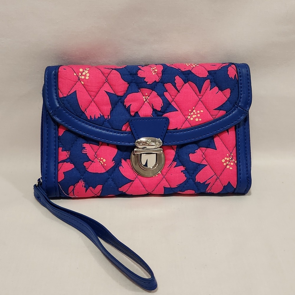 Vera Bradley Ultimate‎ Wristlet Art Poppies Wallet Zip Around Hot Pink/Blue 7.5"